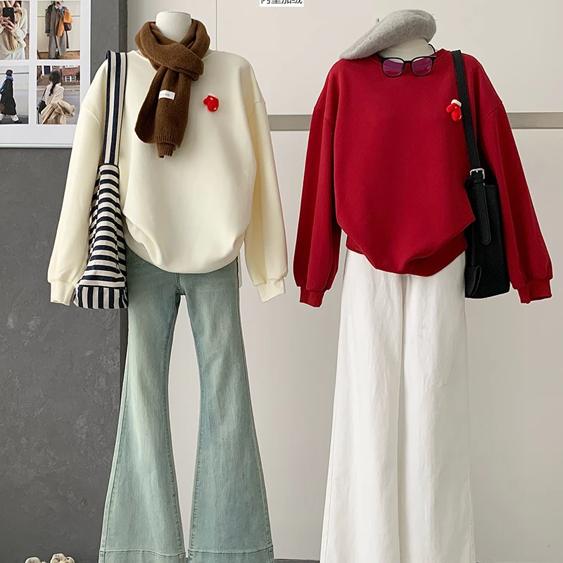 

Autumn Winter Velvet Merry Christmas Sweatshirts Warm Women Long Sleeve Loose Casual Korean Tops Pullovers Female Apricot, Red