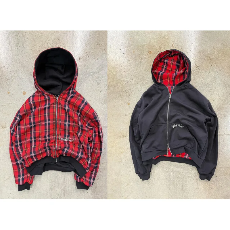 Y2K Reversible Plaid Zip Up Hoodie Cropped Long Sleeve Loose Fit Streetwear Sweatshirt