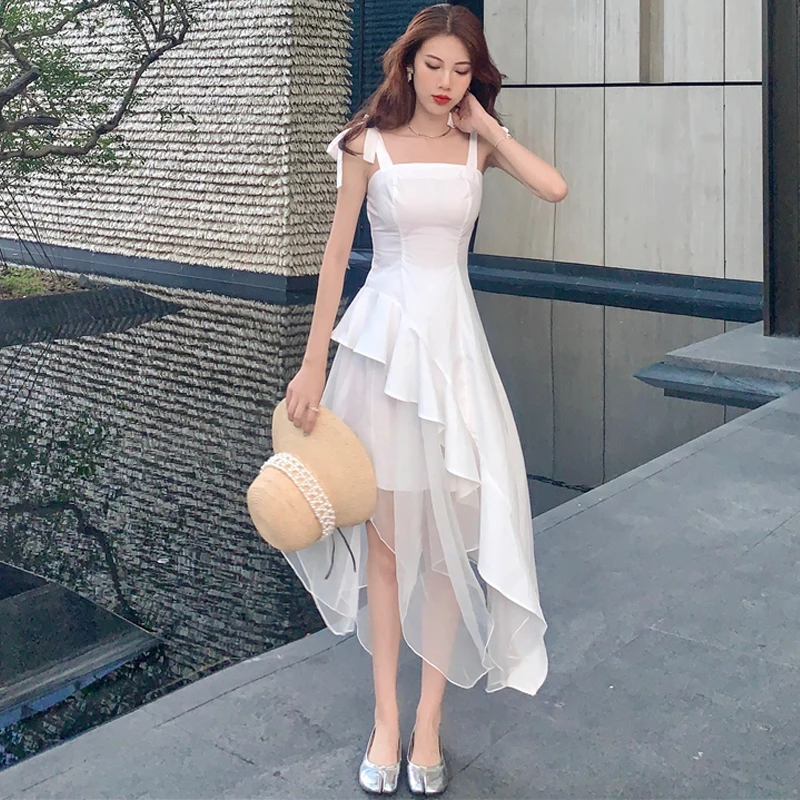 

New Summer Sexy Evening Dress Female Fashion Slim White Irregular Suspender Dress + First Love Fluffy Dress Women Two-Piece Set