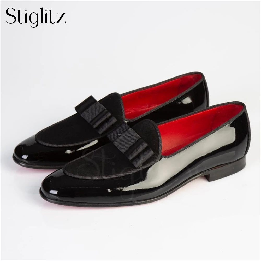 Black Satin Bow Patent Leather Loafers Elegant Banquet Dress Shoes Fashion Designer Style Comfortable Flat Leather Shoes for Men