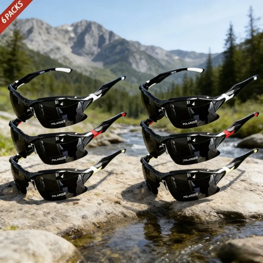 6PCS New Cross-border Outdoor Sports, Skiing, Driving Half-frame Polarized Sunglasses Men's Running Fishing Sunglasses Sun Protection Lightweight Goggles, Random Colors