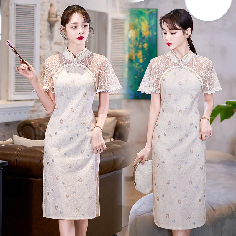 

Chinese Traditional Retro Improved Cheongsam New Short Sleeve Lace Qipao Dress for Women Clothing