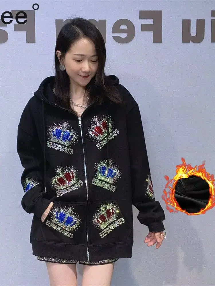 

Красивая мужская/женская куртка с капюшоном с короной и бриллиантами, осень-зима, утепленные флисовые кардиганы на молнии, пальто, уличная одежда, толстовки с длинными рукавами