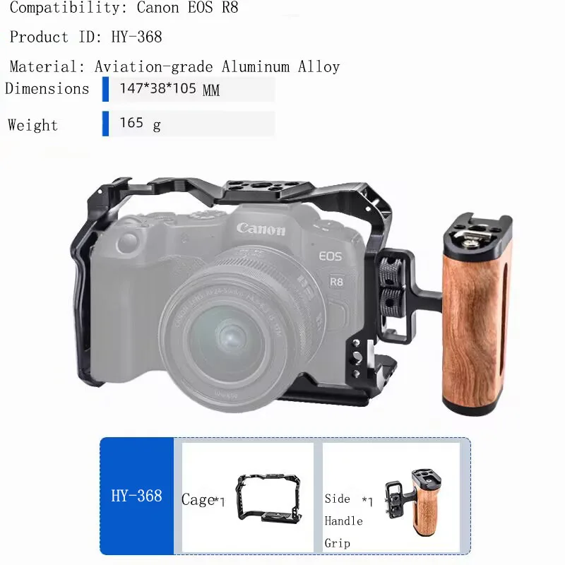 PyroGraphy EOSR8 Cage Kit Handheld Shooting Kit with Full Cage Arri Locating Top Handle Wooden Side Handle Grip for Canon EOS R8