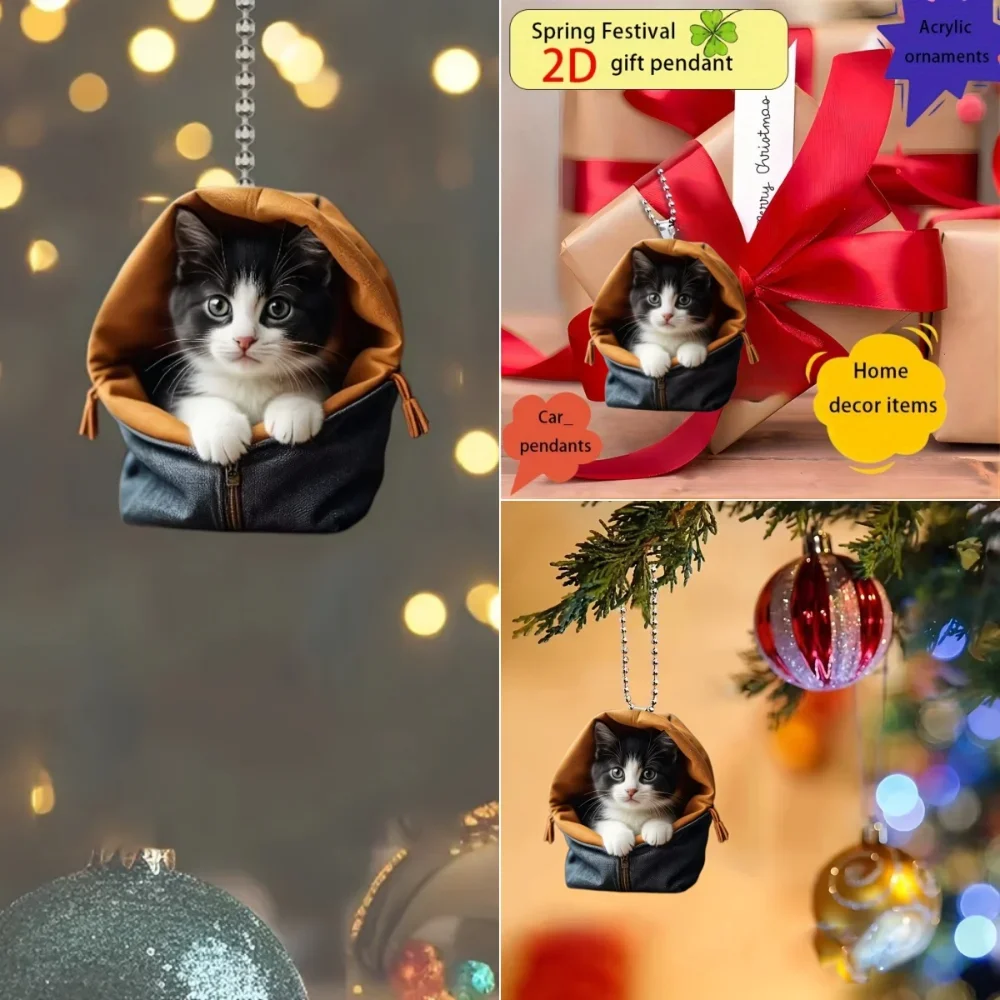 2D Cute Cow Cat Pendant Chic Kitten in Bag Acrylic Keychain Car Versatile Charm for Car Mirror Backpacks Home Festive Gift view 4