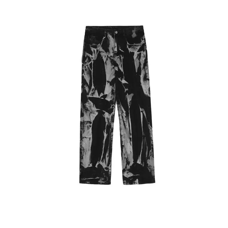 Contrast European And American Hip Hop High Street Fashion Brand Tie Dyed Jeans Women'S American Retro Straight Tube Loose Wide