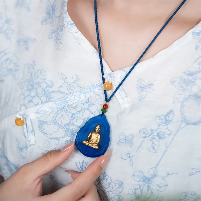 Medicine Buddha Pendant: Glazed Lotus, Longevity, Portable, Micro-Engraved Chain Necklace, Safe Buddha Statue Gifts view 4