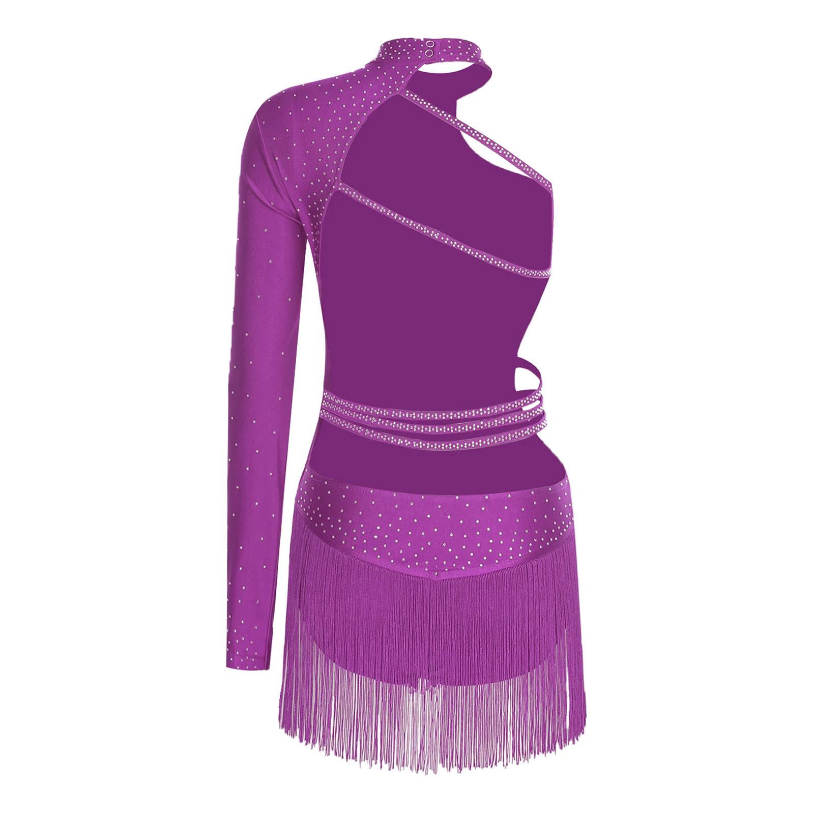 Womens Latin Jazz Dance Leotard Dress Single Long Sleeve Ballerina Costume with Strappy Backless Tassel Design Skirted Bodysuit