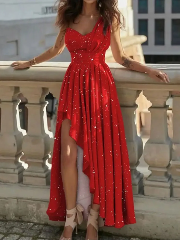 Sequin Solid Color Slant Shoulder Dress Irregular Slit High Waist Sleeveless Robe Party Prom Nightclub Business Fashion Vestidos