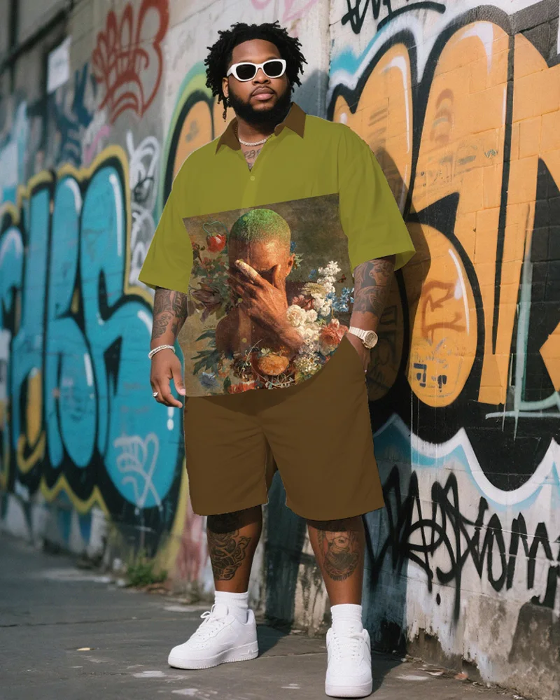 

S-9XL Мужская винтажная музыкальная рубашка больших размеров для мужчин и хип-хоп с коллажем и шорты, комплект из 2 предметов, уличная одежда в стиле ретро, свободная посадка, летний джаз Fest