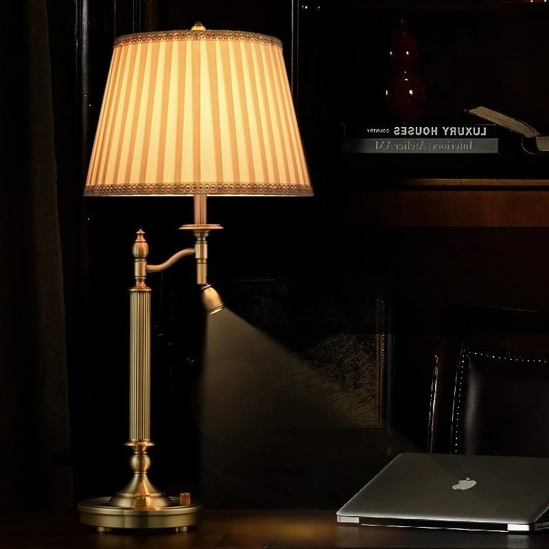 

European Luxury All Copper LED Dimmable Table Lamp White Fabric Lampshade Living Room Bedroom Study Office Atmosphere Desk Light