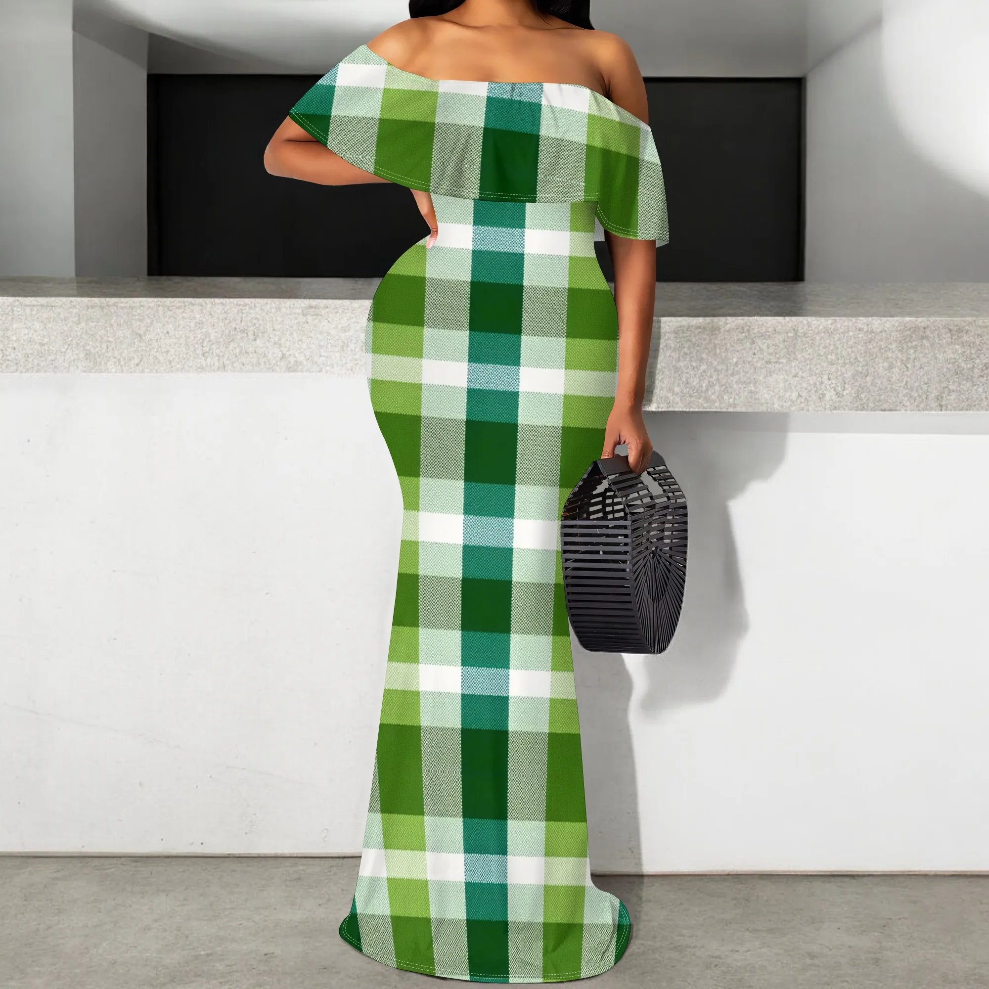 

Off Shoulder Plaid Maxi Dress Women S-3XL Green Slim Fit Long Party Dress V-Neck Ruffle Hem Fall Wedding Guest Outfit