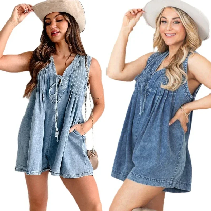 

Women One Piece Denim V Neck Sleeveless Overalls Short Pants Casual Loose Playsuits High Waist Rompers 2025 Summer