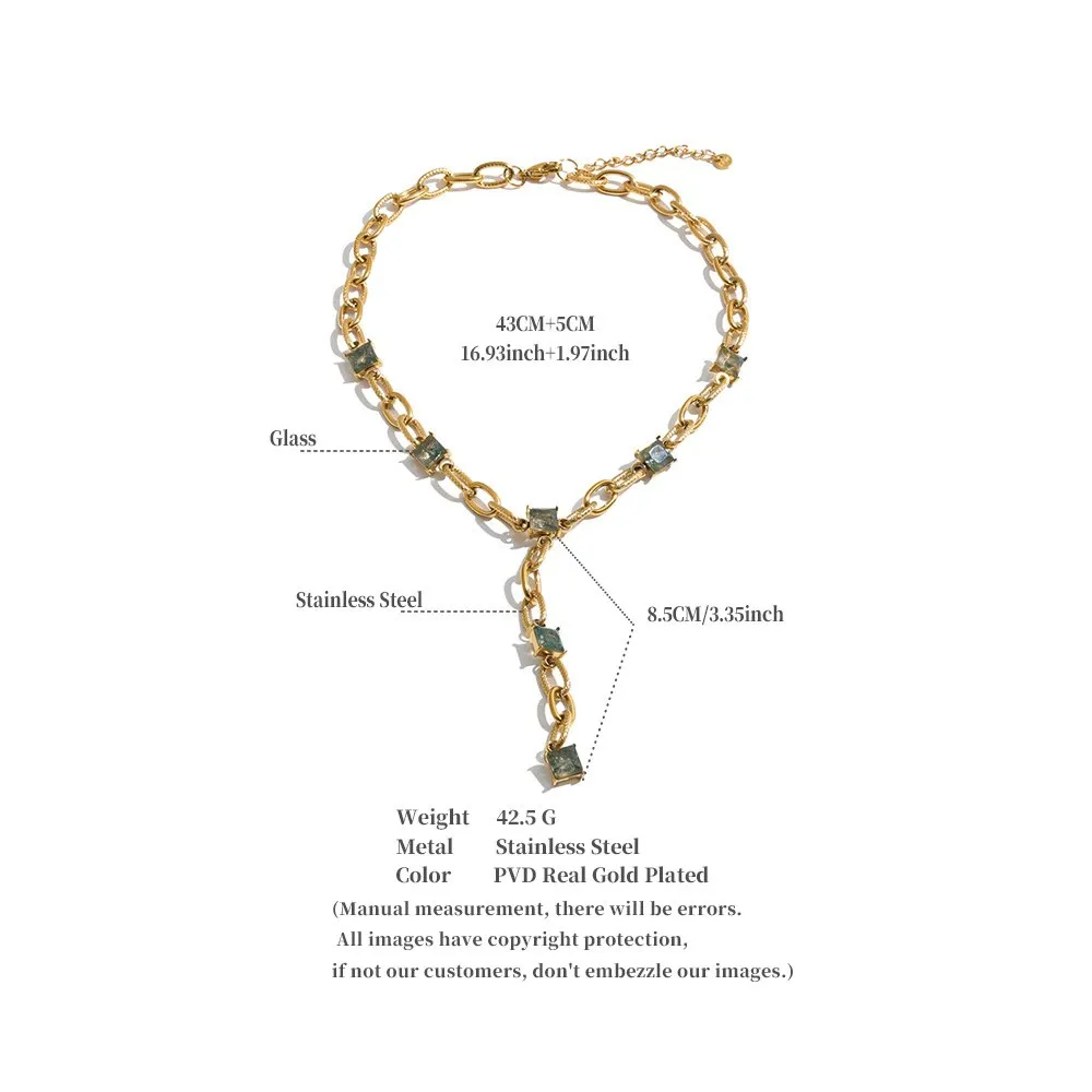 Yhpup Neue Edelstahl-Halskette mit Zirkonia-Glas-Quadrat-Y-Kette, modischer, glamouröser, esthetischer Abschlussball-Schmuck – Detail 1
