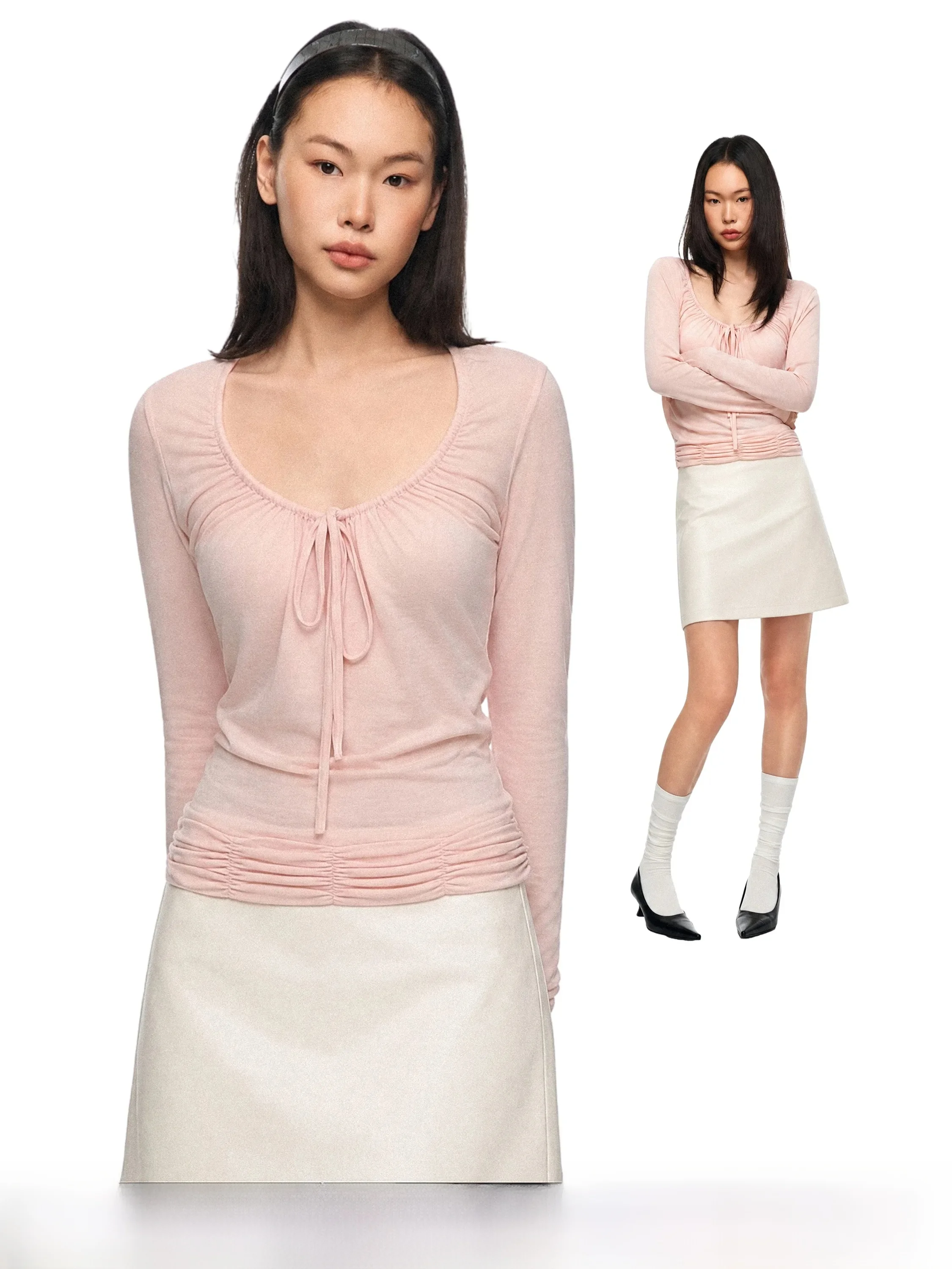 GoGo Burn American Style Long Sleeve Women's T-shirt Pink Belted Gathered Slim Fit Casual Style Autumn New Arrival Top