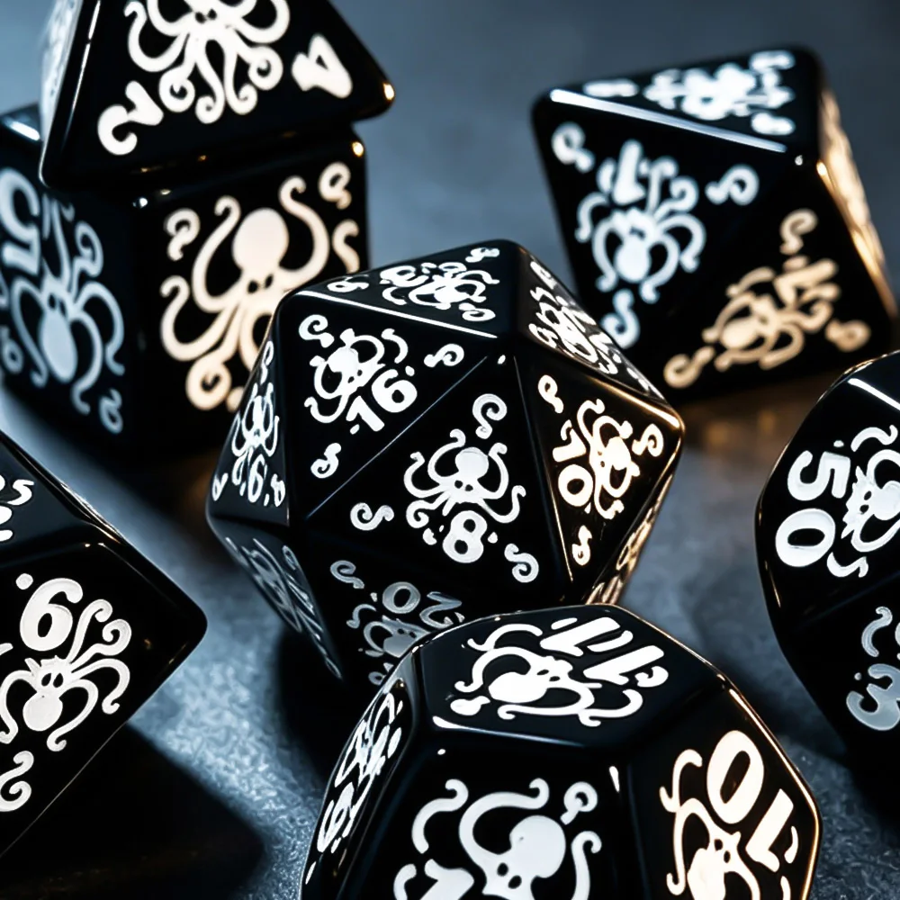 7Pcs Octopus Pattern Polyhedral Dice Set, Black Base With White Octopus Engraving, DND RPG Tabletop Role Playing Game Dice