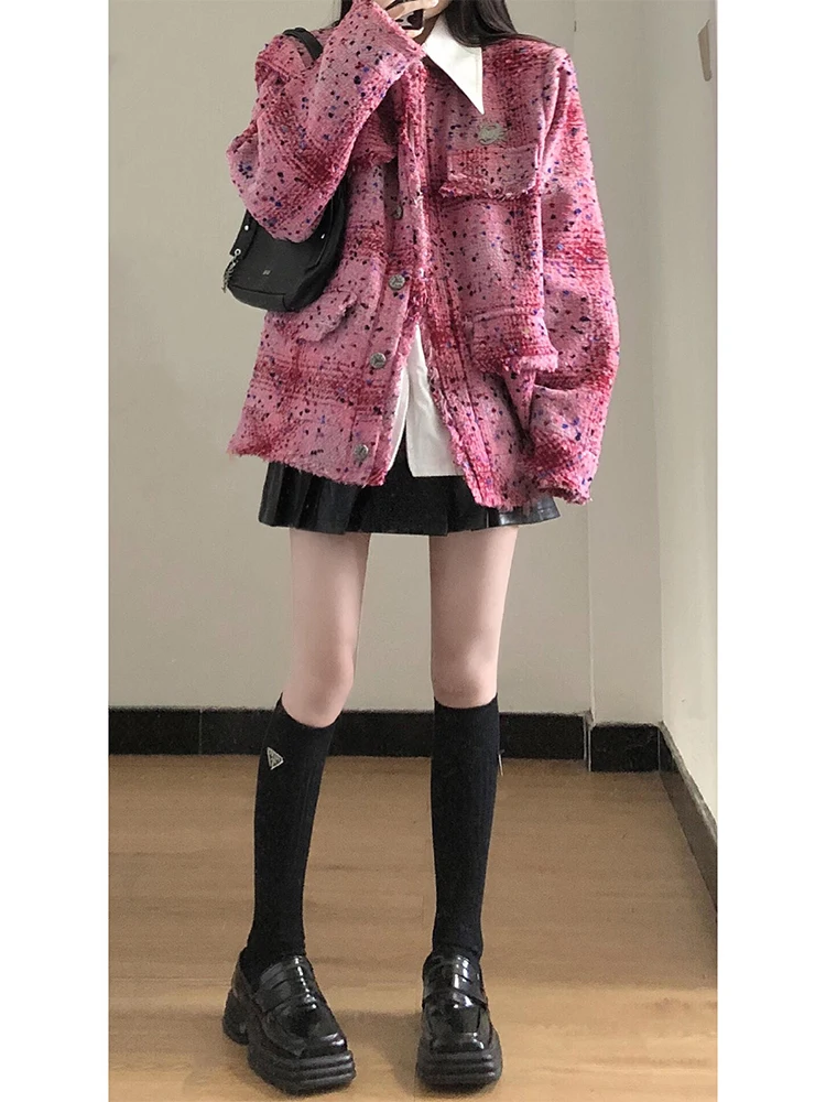 Maglia in pelle con bordo a balza rosa Mix Jaet da donna Primavera Autunno Nuovo marchio Sle Faion High End Feel Collar Coppia Jaet Top