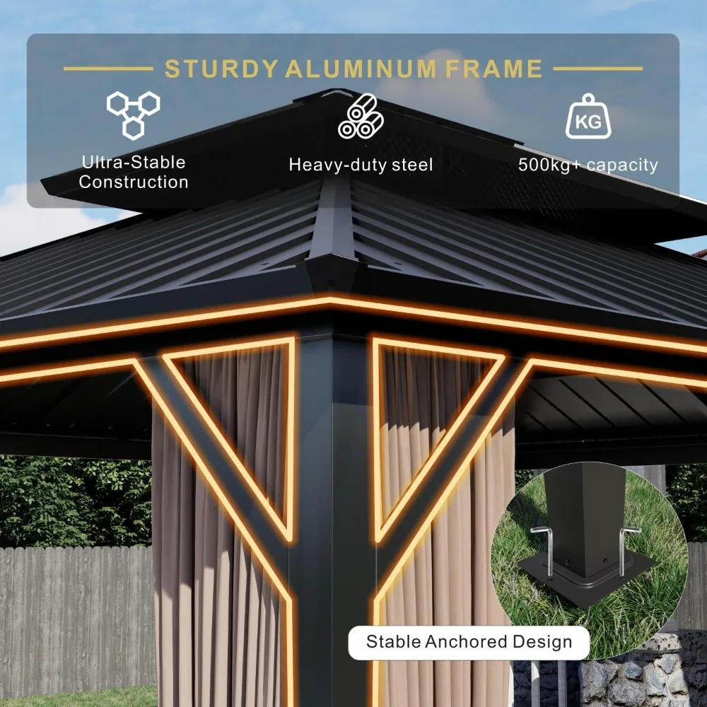 

10’x12’ Hardtop Gazebo, Galvanized Steel Double Roof Canopy with Aluminum Frame, Outdoor Pavilion with Nettings and, Customized