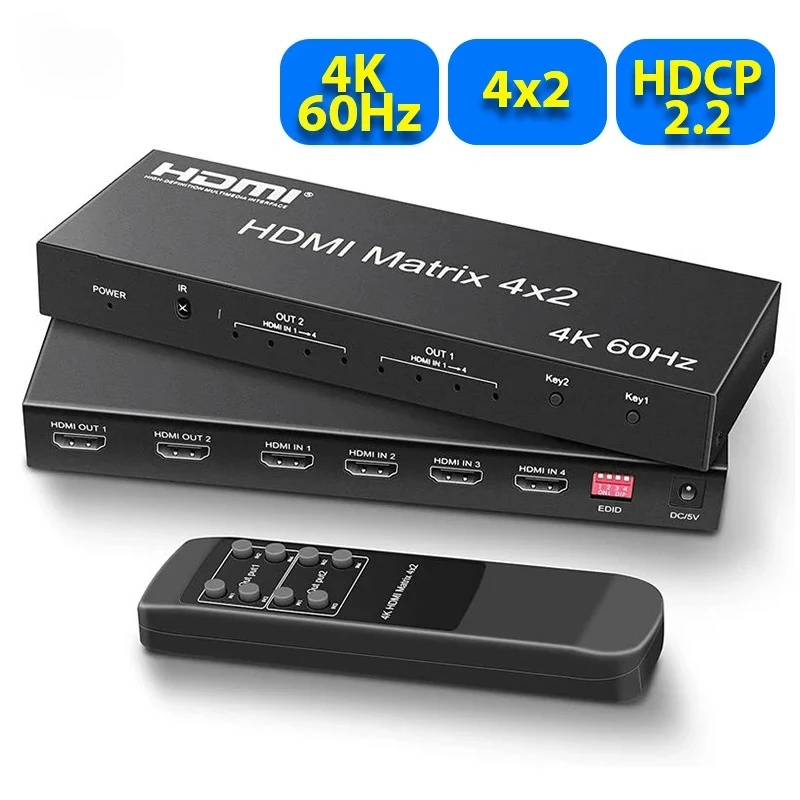 4K 60Hz HD Matrix Switcher 4 in 2 out HDTV 2.0 Switch Splitter 4x2 with Optical 3.5mm Audio Extractor Converter HDCP2.2 EDID