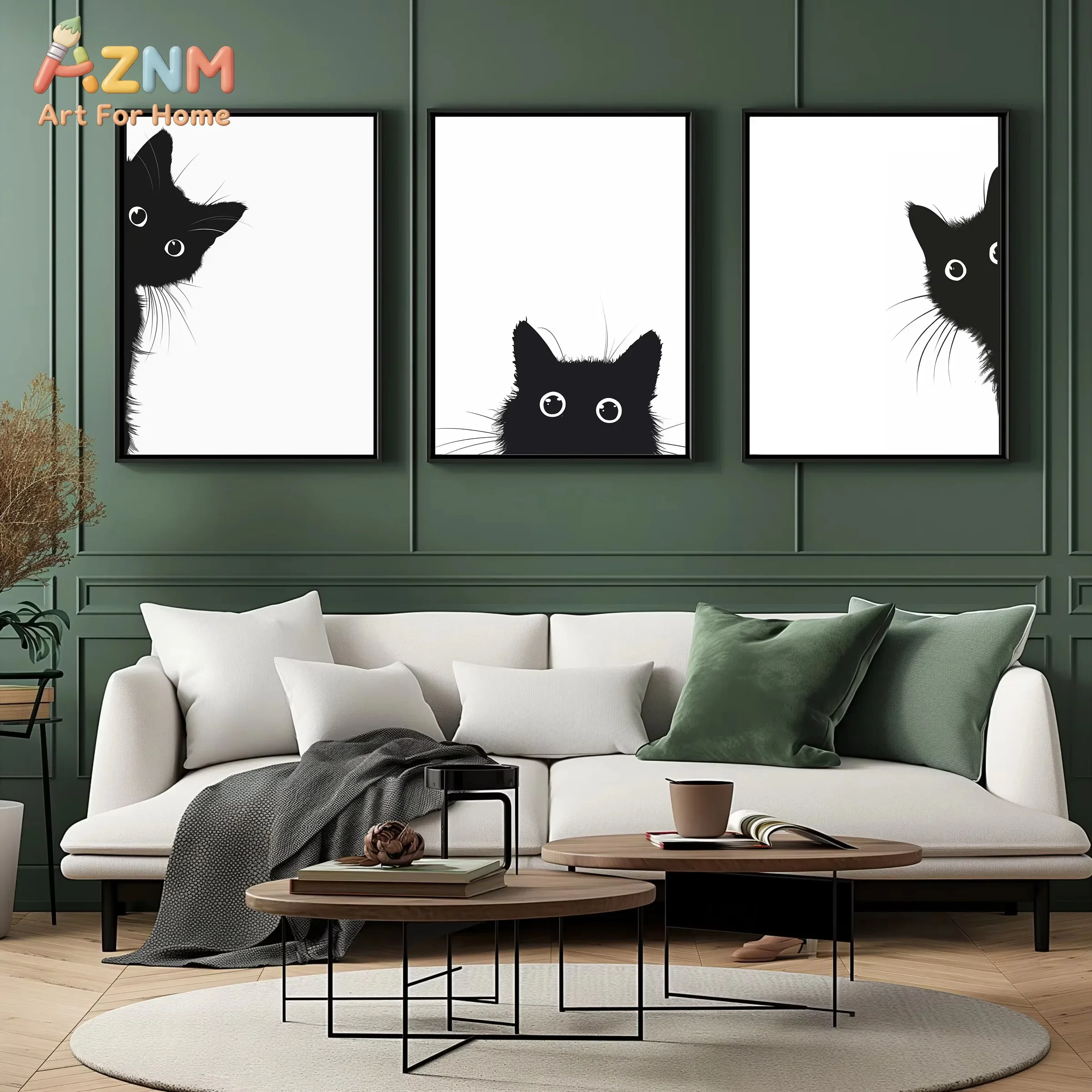 AZNM Minimalist Peeking Black Cat Silhouette Canvas Wall Art Simple Black White Kitty Print Unframed Canvas Painting for Living