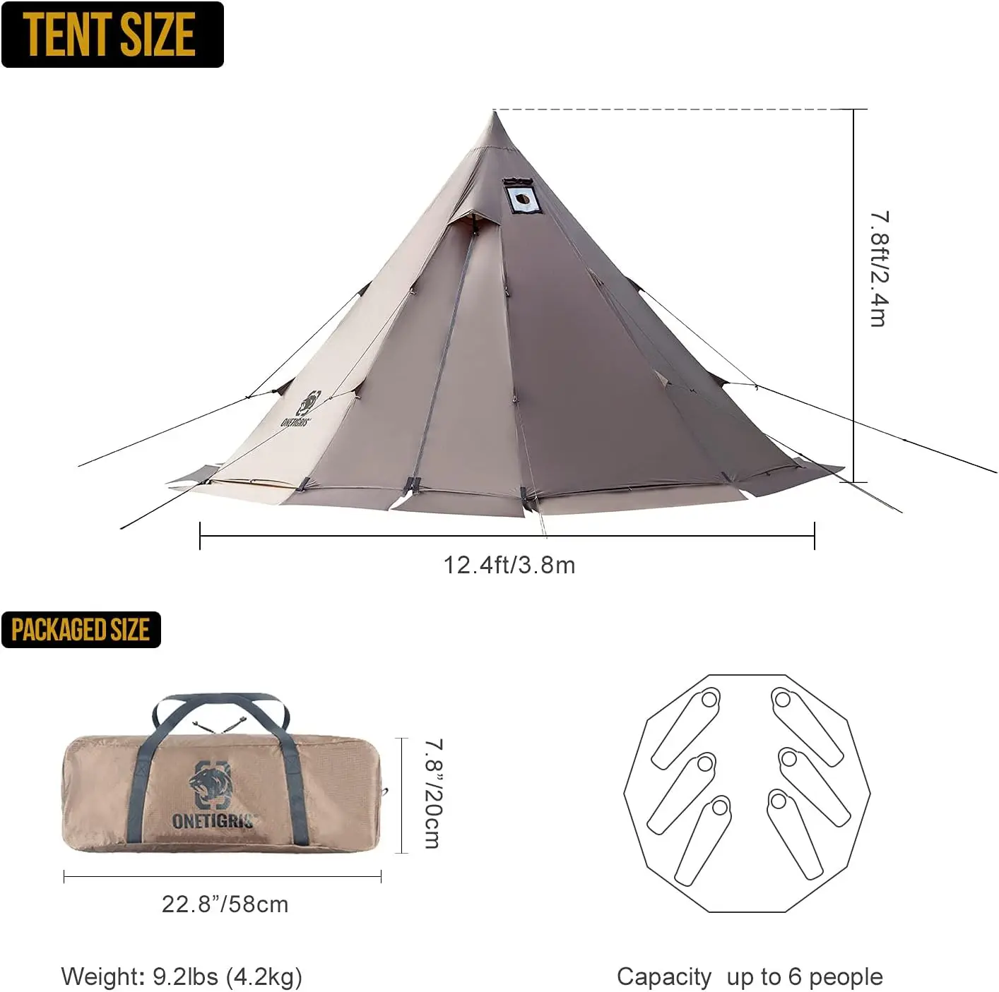 OneTigris Rock Fortress Hot Tent with Stove Jack, 4~6 Person, 4 Season Tipi Tent for Family Camping Backpacking