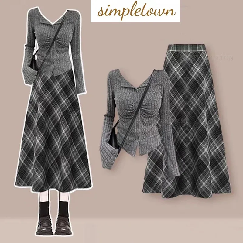 Spring and Autumn Temperament Set, Women's Age Reducing Waist Cinched Knitted Sweater+high Waisted Checkered Skirt Two-piece Set