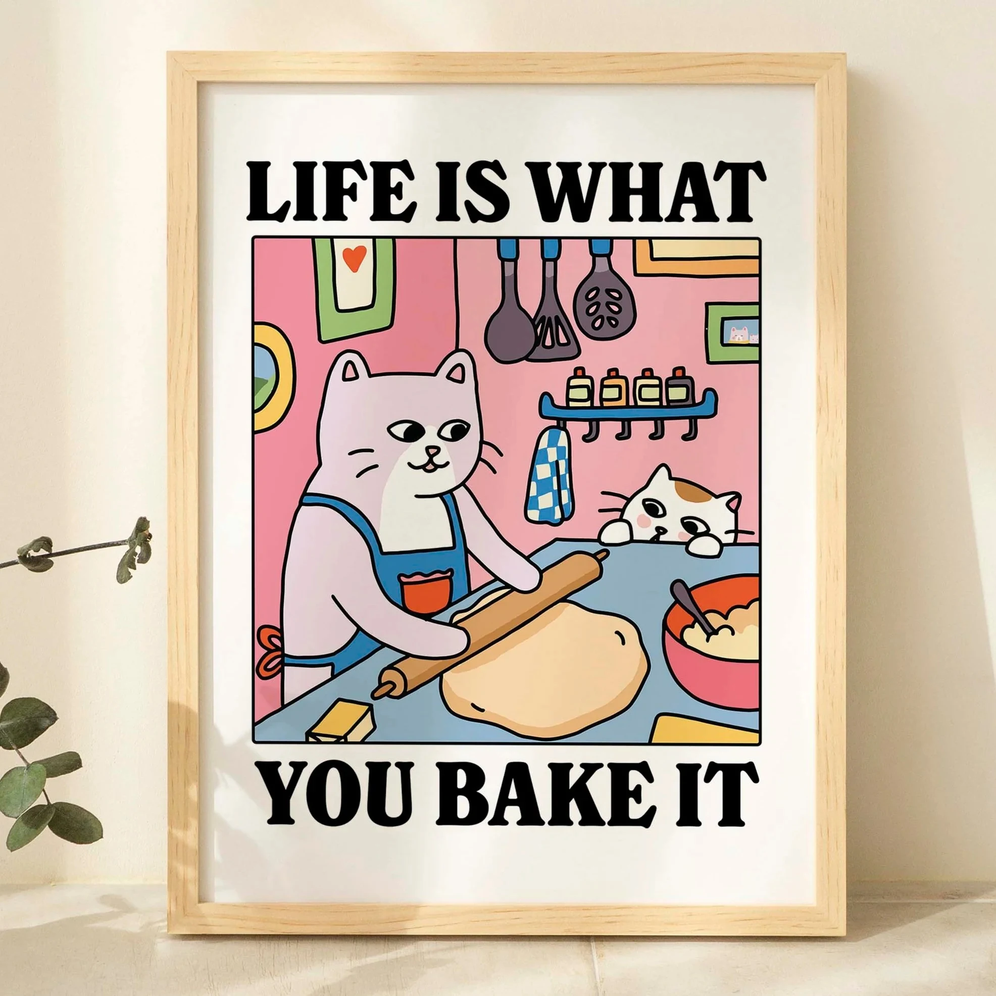 Das Leben ist, was Sie backen, Cartoon-Katze, Wandkunst, Drucke, Leinwandgemälde, Poster, Bild für Wohnzimmer, Kinderzimmer, Heimdekoration, Geschenk