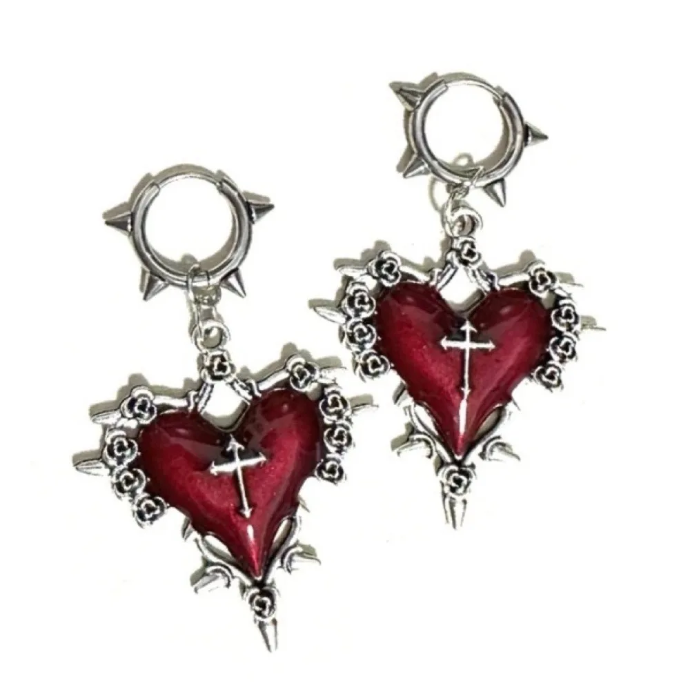 Gothic Punk Sliver Color Liquid Metal Red Thorn Heart Cross Shape Hoop Pendant Earrings for Women Halloween Party Jewelry Gifts