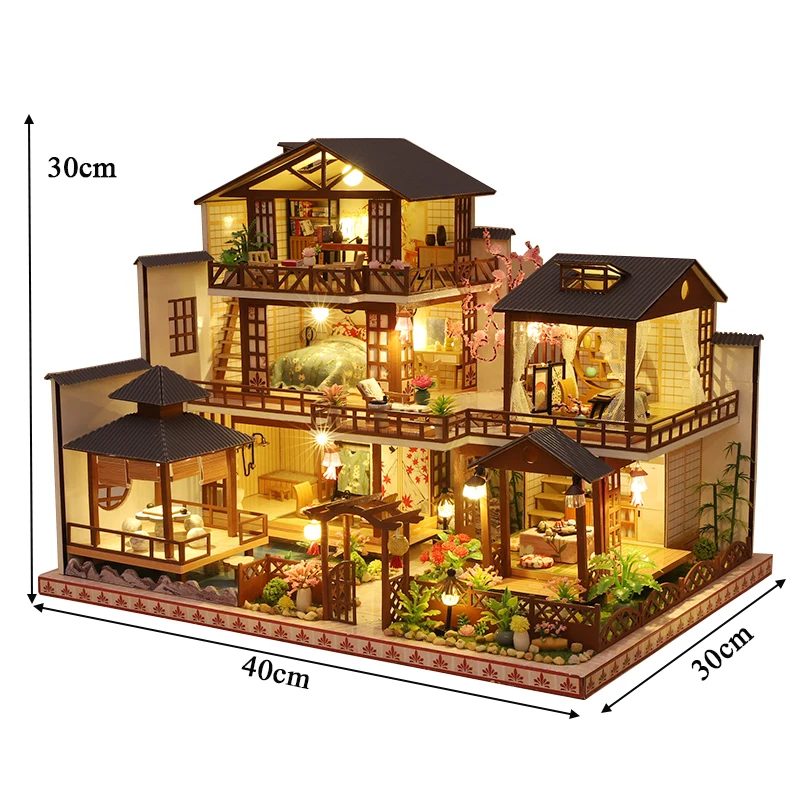 DIY Holz japanische große Casa Puppenhäuser Miniaturmodellbausatz Puppenhaus Villa mit Möbelbeleuchtung für Freunde Geburtstagsgeschenke