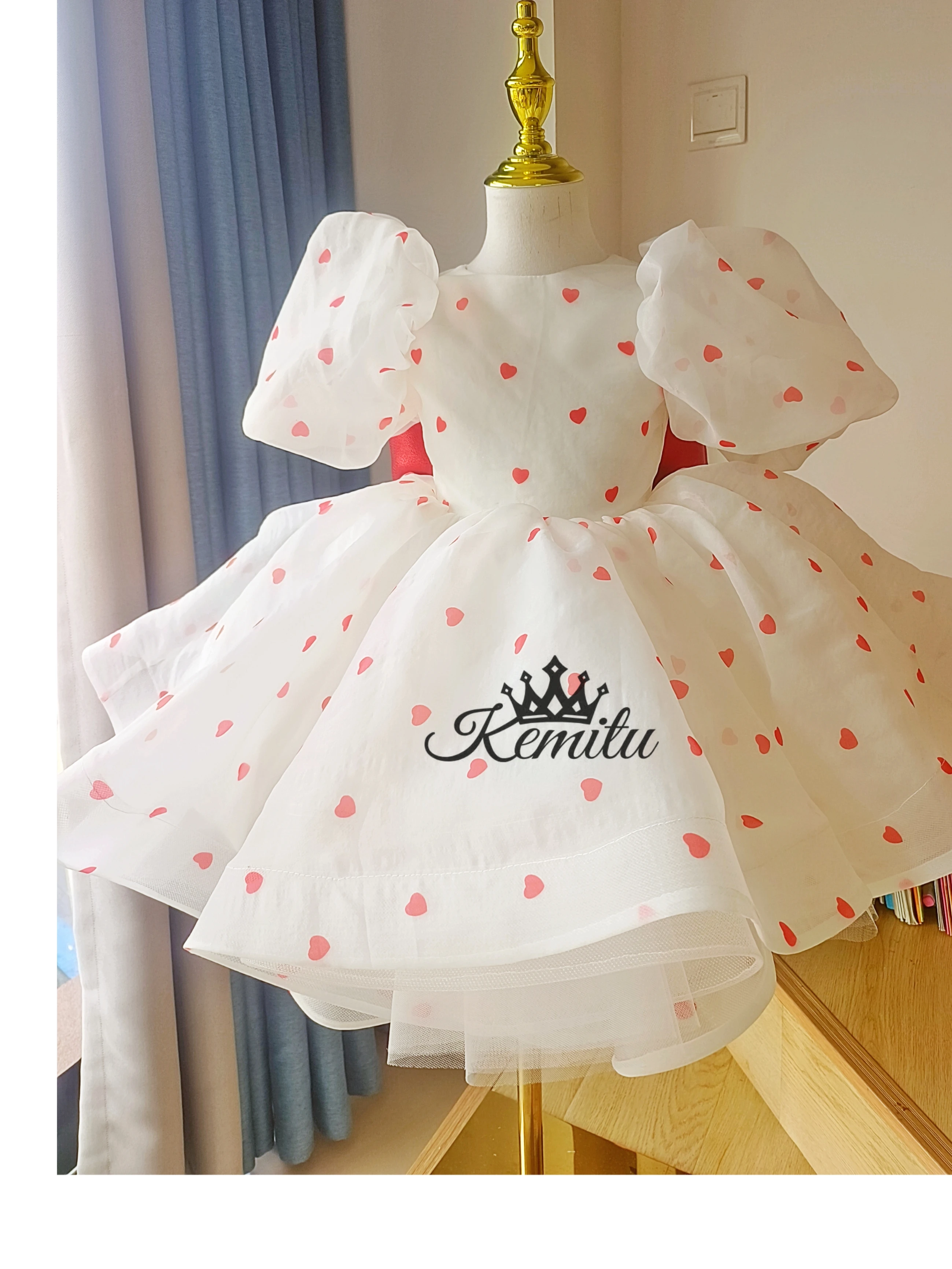 Robe de princesse personnalisée pour petites filles, à fleurs, à manches bouffantes, avec gros nœud, pour fête de 1er anniversaire