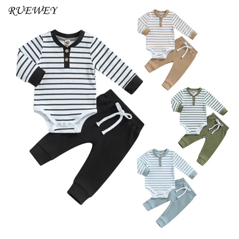 RUEWEY Newborn Baby Boy Pant Sets Spring Autumn Clothes Long Sleeve Striped Bodysuit and Pants Set Infant Baby Items Clothing