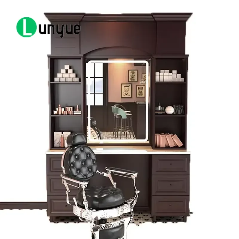 Vintage Barber Mirror Station for Beauty Hair Styling Furniture Men's Grooming Wall Mounted Makeup Mirror with Shelf