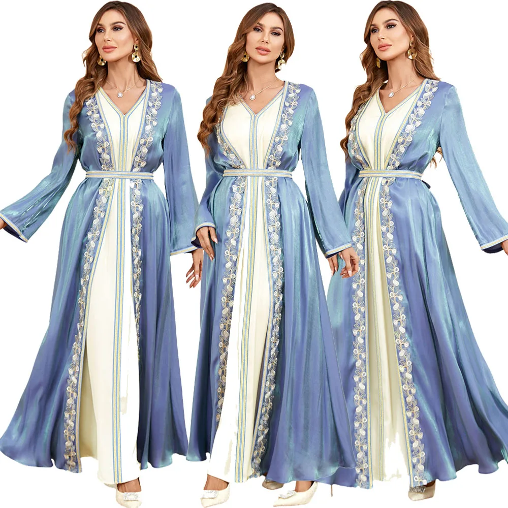 

Autumn Elegant V Neck Party Dress for Women Muslim Abaya 2 Piece Set Kimono Morocco Caftan Kaftan Robe Arabic Dubai Islamic Gown