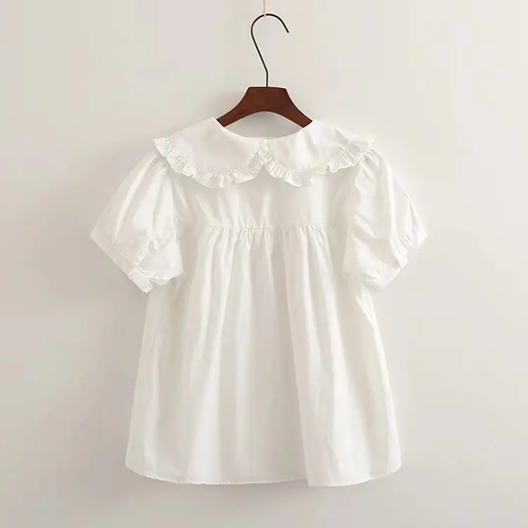 Morigirl Japan style sweet peter pan collar white blue check shirts and blouses kawaii 100% cotton short sleeve tops