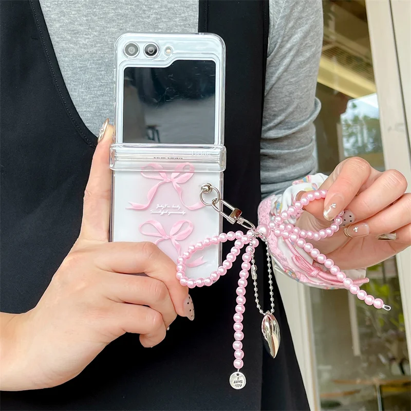 For Samsung Galaxy Z Flip 7 FE 3 4 5 6 Case Cute Pink Bow Bracelet Hinge Shockproof Back Cover