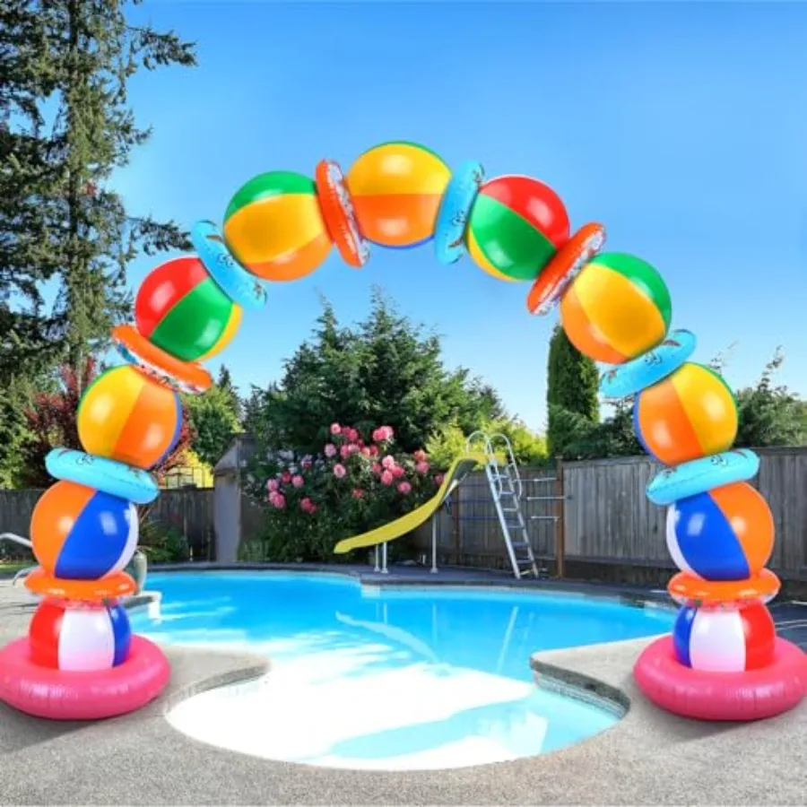 

Summer pool beach party decorations kit: inflatable beach balls, arch, swimming rings in blue and yellowdurable PVC, vibrant co