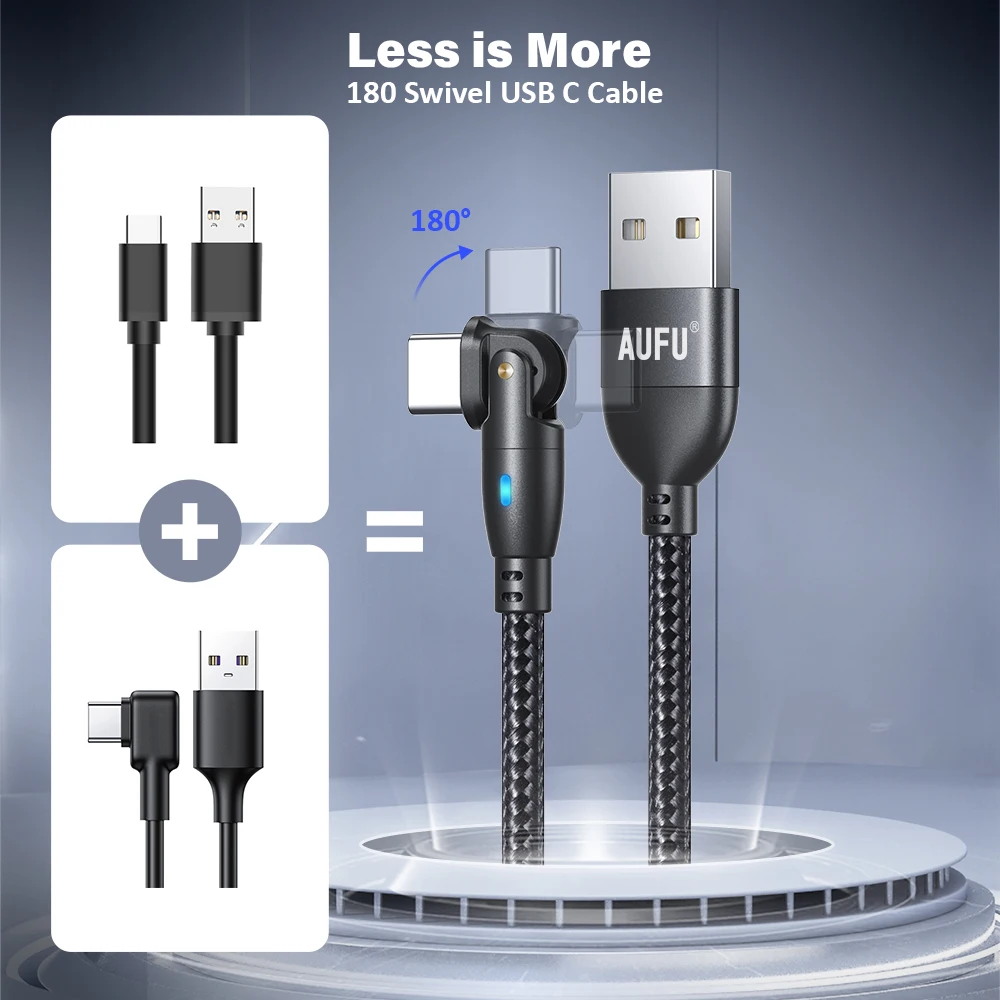 AUFU 3A USB Type C Cable 180 Rotate Fast Charing Wire Cord For iPhone Samsung Xiaomi POCO Mobile Cellphone Charger Data Wire 3M