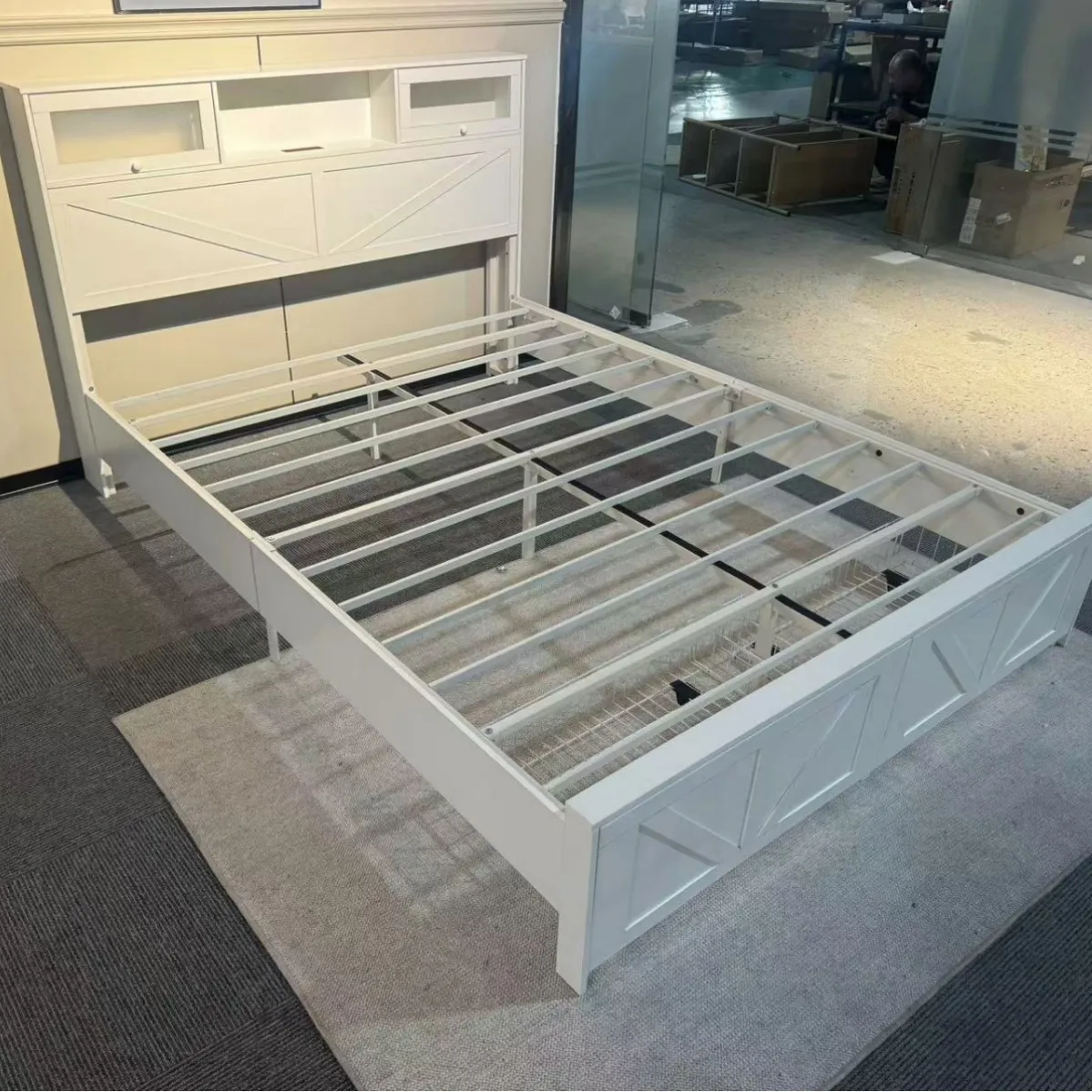 #Modern Luxury Iron Wood Double Bed with White Headboard and Socket Storage Space Easy to Assemble Cross-Border New Promotion