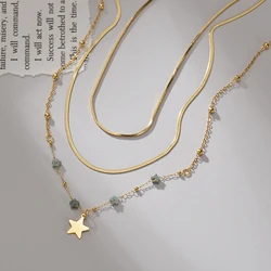 Bohemia Green Natural Stone Women Necklaces 3-Layers Stainless Steel Snake Chains Vintage Choker Necklace Summer Jewelry