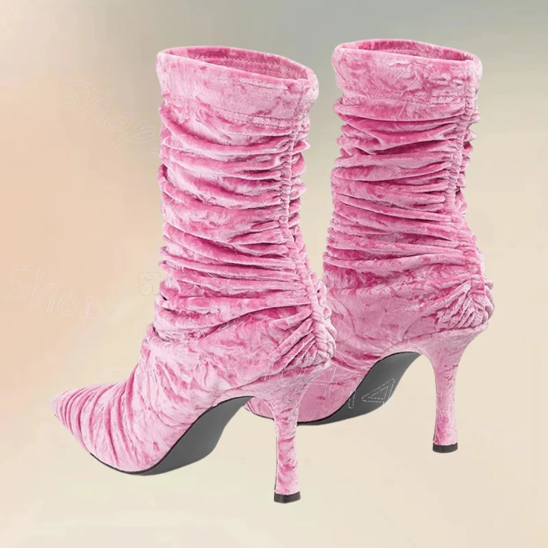 أحذية سروال قصير باللون الأحمر الوردي بمقدمة مدببة أحذية منتصف العجل سهلة الارتداء أحذية نسائية بكعب عالي رفيع موضة الحفلات والمواعدة 2025 Zapatos Para Mujere