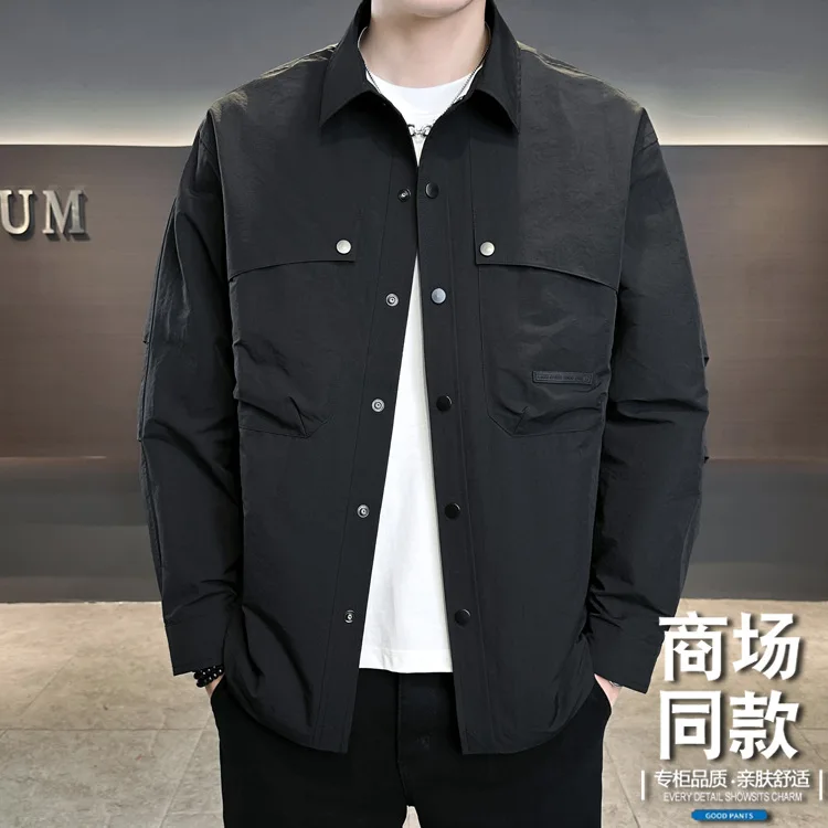 Men's Spring Turn-Down Collar Jacket New Fashion  Top Youth Solid Color Simple Short Button Shirt Coat