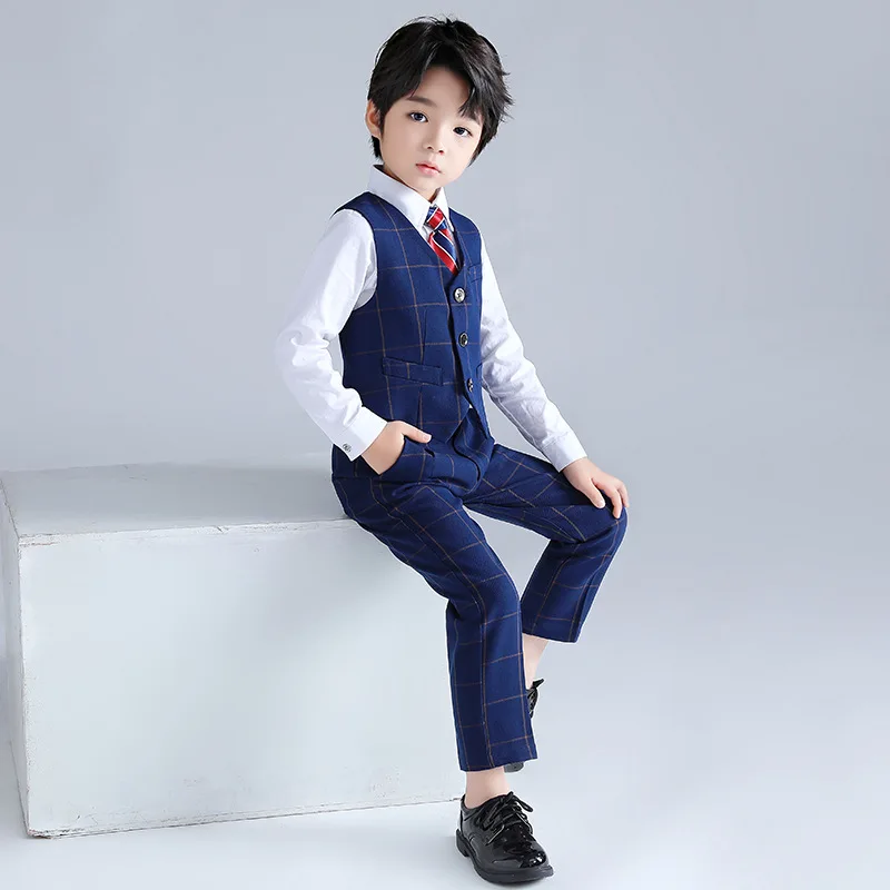 Boy Plaid Vest Tuxedos Kids Waistcoat Wedding Clothes Sets Toddler Formal Dress Suits Child School Uniform Baby Gentlemen Outfit