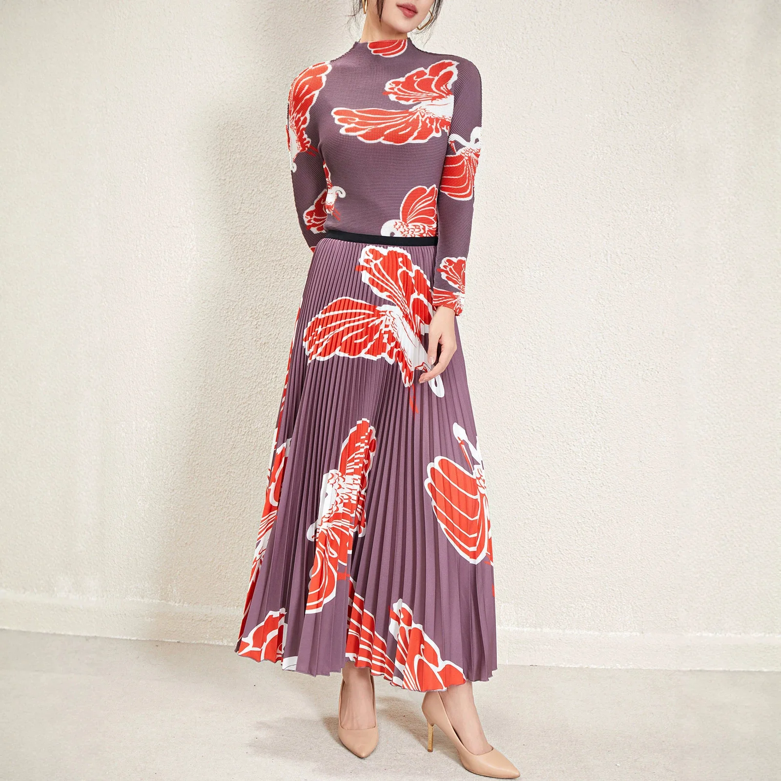 

Miyake Pleated 2026 New Spring/Summer Long Sleeve Slim Fit High-end Casual Women's Set Printed Pleated Skirt Two-piece Set Pleat