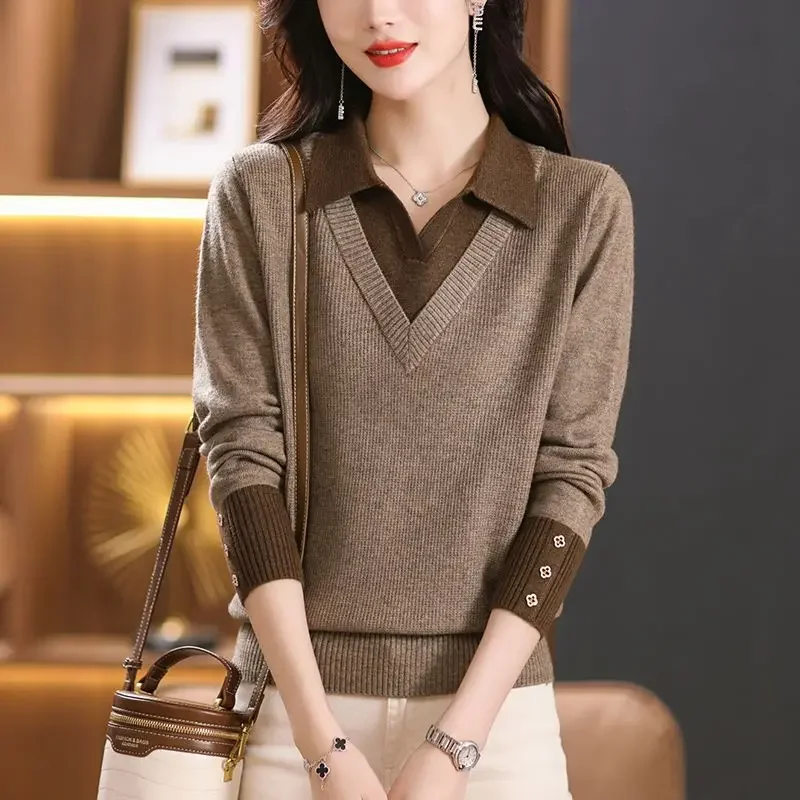 

Women's Clothing Fake Two-piece Polo-neck Knitted Splicing Sweater for Women Autumn Winter Casual Commuting Temperament Top