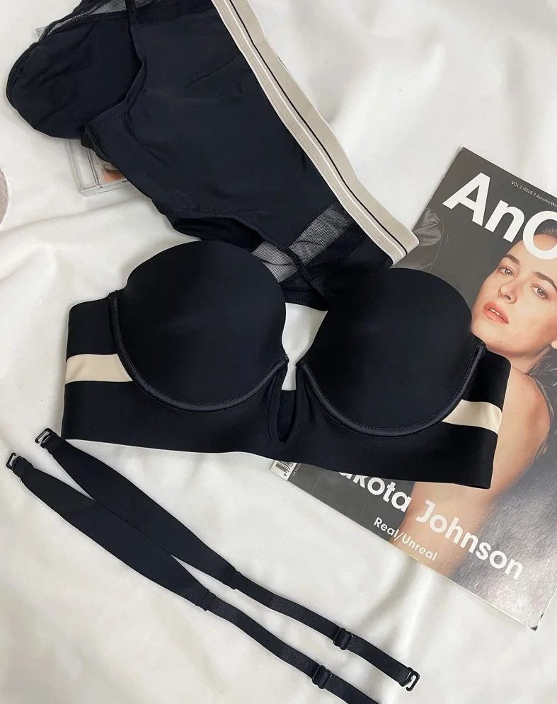 Strapless half cup anti-slip deep V underwear light surface no trace thin small chest gathered soft steel ring bra sets