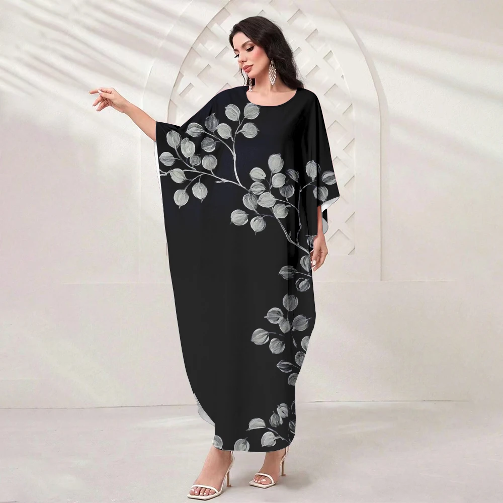 Fashion Muslim Elegant Robe Long Skirt Women's Rose Flower Print O Collar Elegant Temperament Dress Islamic Bat Sleeve Dress