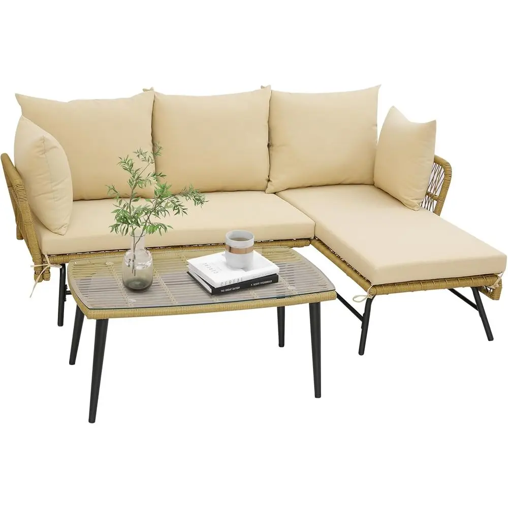 

3-Piece Beige L-Shaped Patio Sofa Set with Cushions and Tempered Glass Table for Outdoor Living