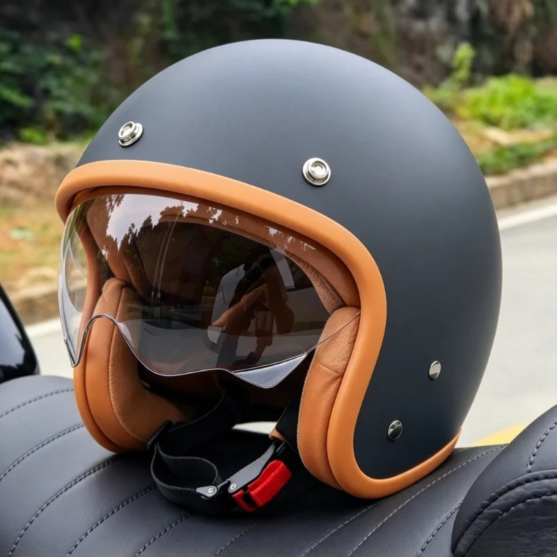 Vintage 3/4 Jet Motorcycle Helmet With Built-in Sun Visor High Density EPS Quick Release Buckle Men Women Scooter Riding Safe
