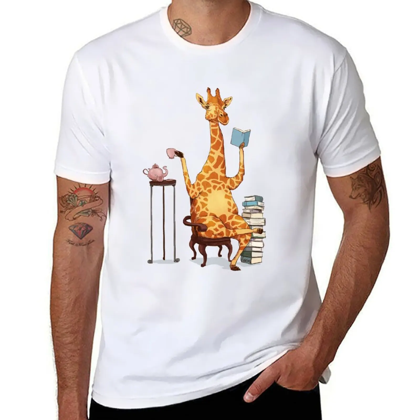 

tea T-Shirt t plain books African for shirt shirts drinking Cute men t reading Giraffe man and man