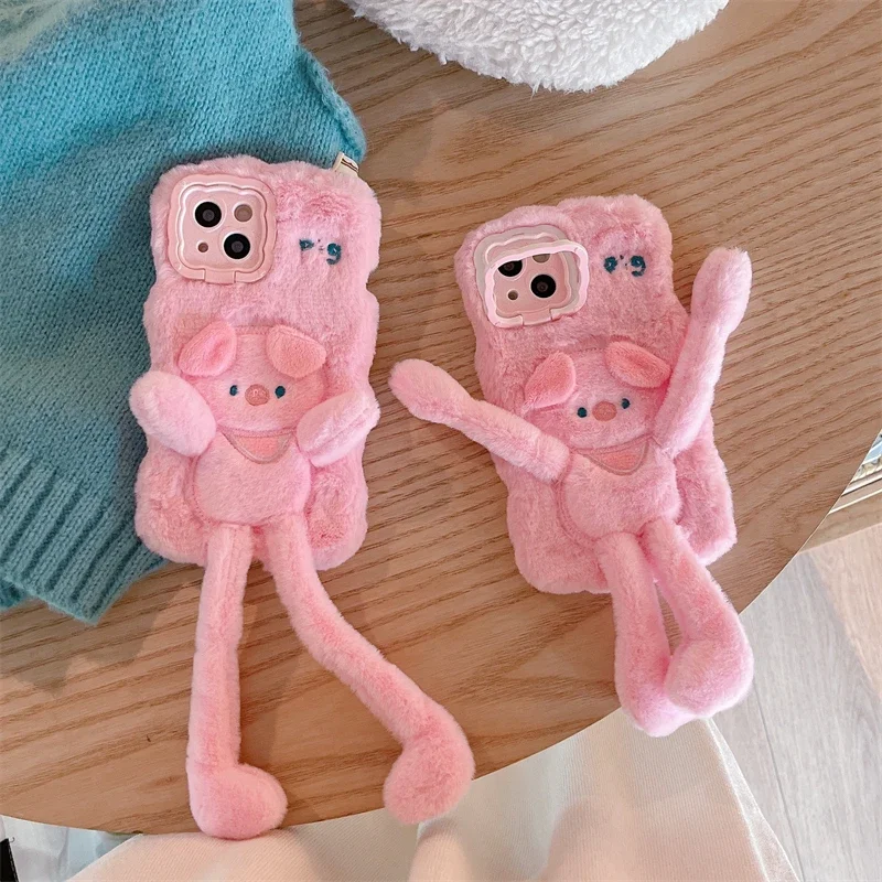 Plush Hair Fluff Toy Soft Phone Case Cartoon For Huawei P40 P50 P60 Pro Pura 70 Pro Cute pig Women's Fashion Back Cover Cases